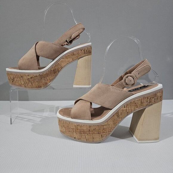 NEW Vince Camuto Celosia Platform Womens 8.5 Beige Suede Slingback Sandal Heel - Picture 2 of 13